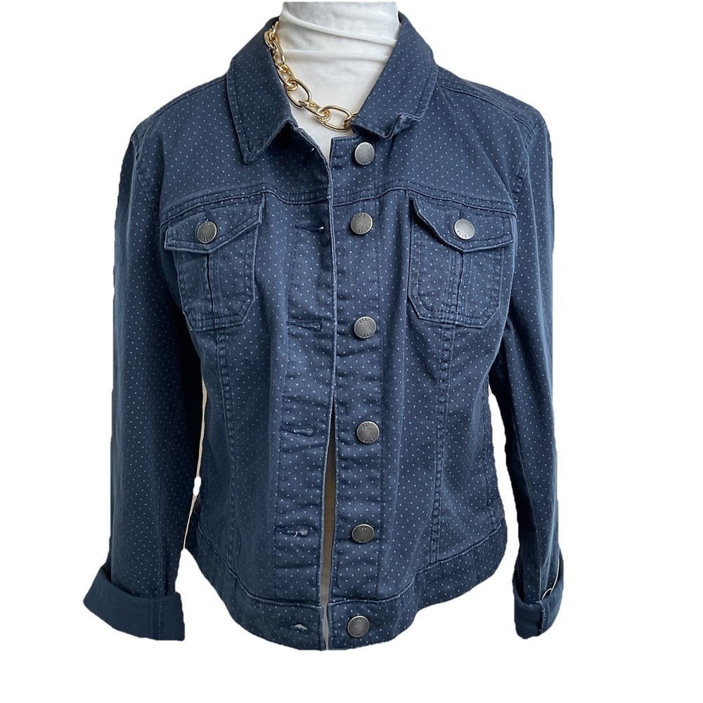 Elle Denim Trucker Jacket Blue White Polka Dot Size Large